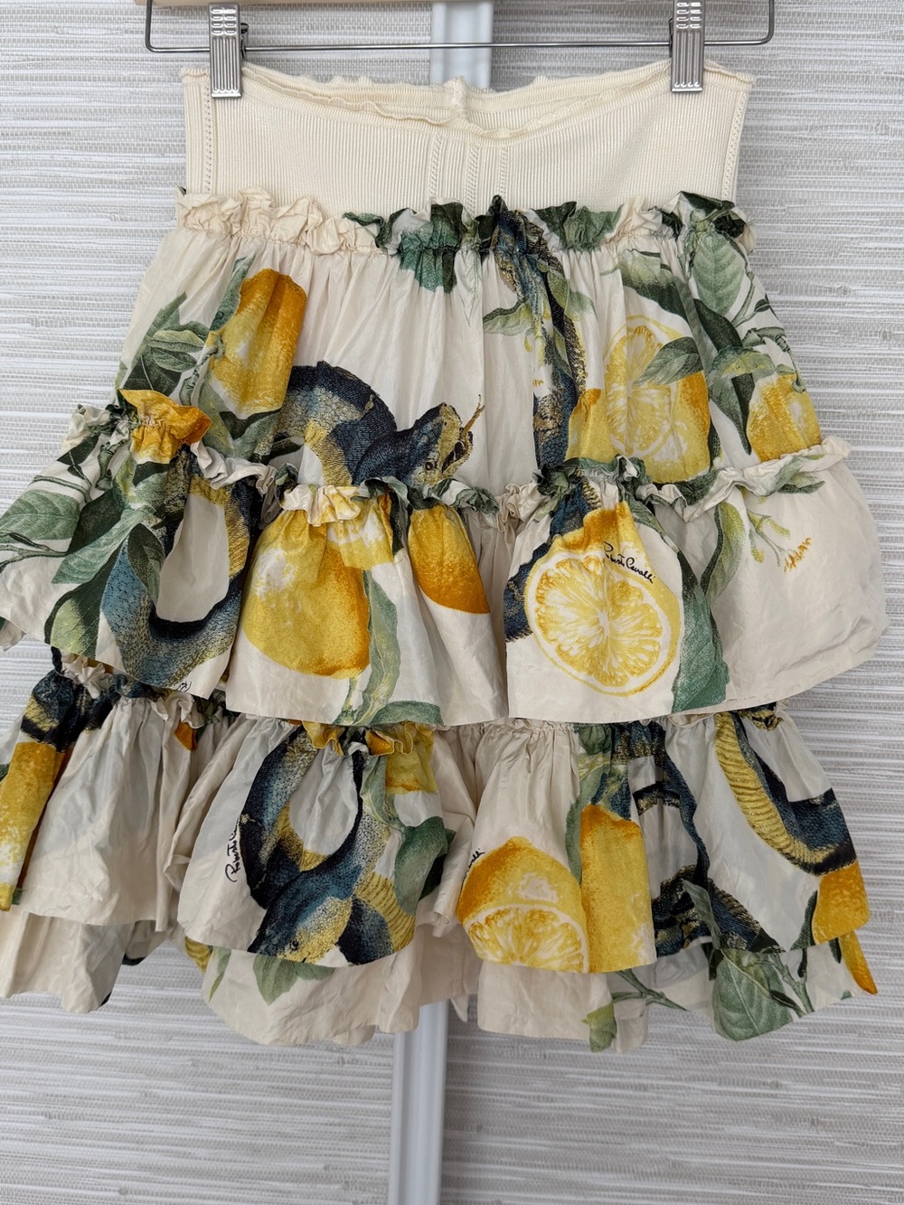 Roberto Cavalli Tiered Mini Skirt in Cream with Yellow and Green Print
